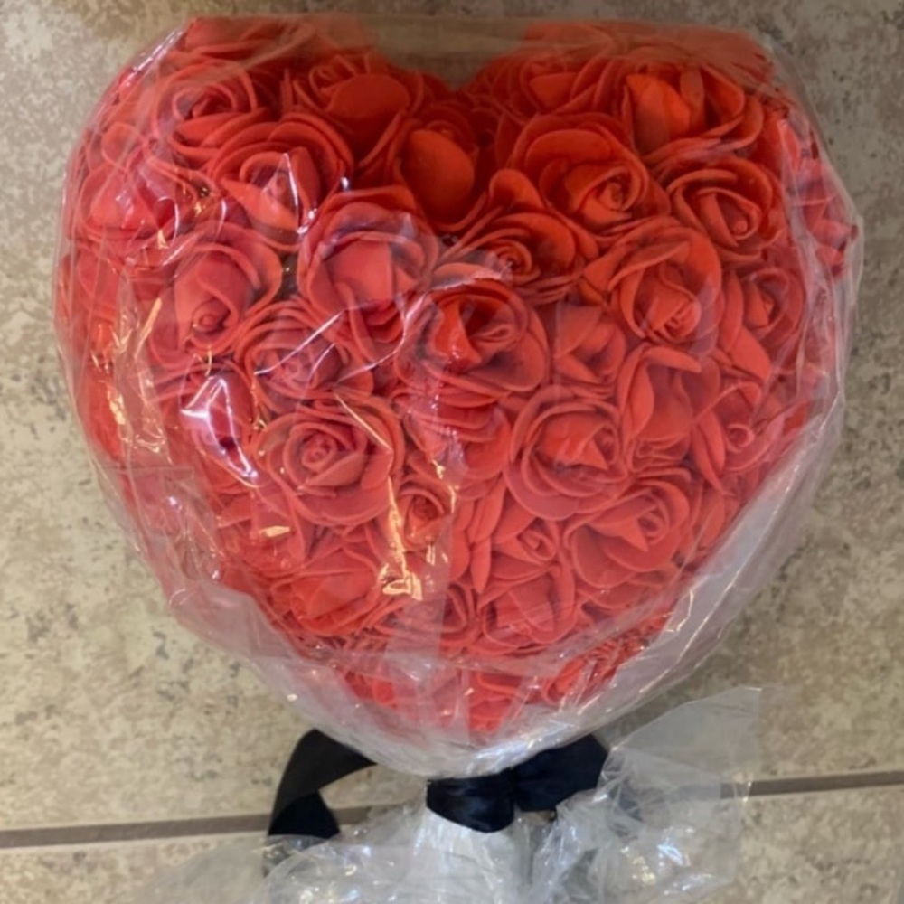 New! Rose Heart “Just For You” Cute Red Handmade Roses. Approx. 7” x 7”.